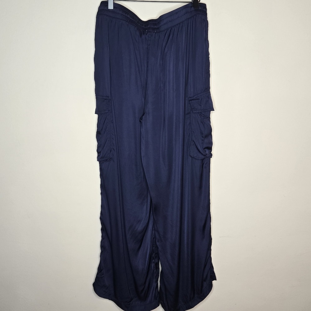AERIE NWT Navy Blue Shiny Satin Women's Drawstring Loose Fit Cargo Pants - Picture 10 of 11